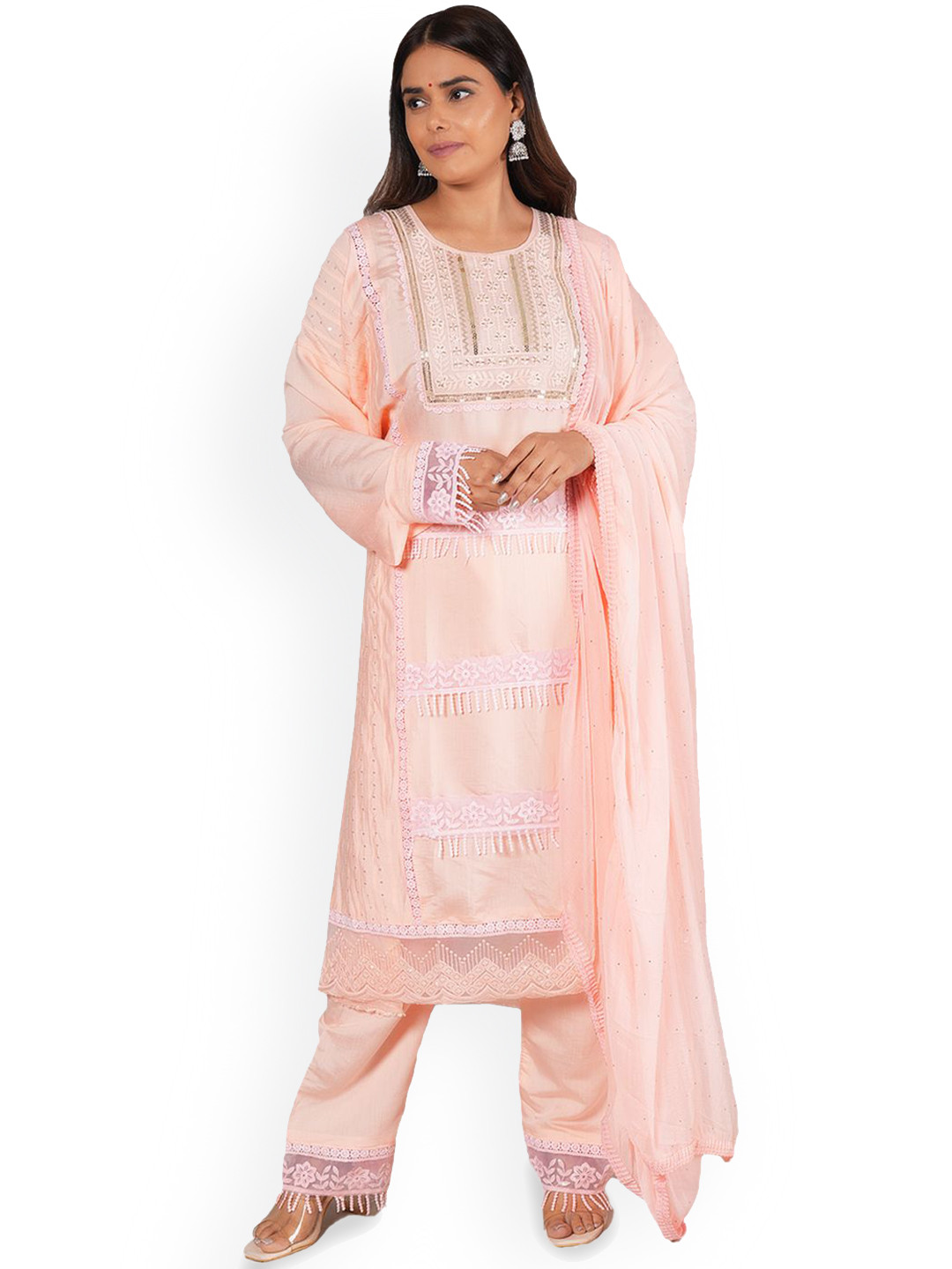 

MOZAFIA Floral Embroidered Sequinned Unstitched Dress Material, Peach