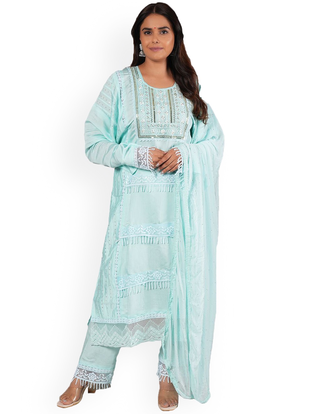 

MOZAFIA Floral Embroidered Sequinned Unstitched Dress Material, Blue