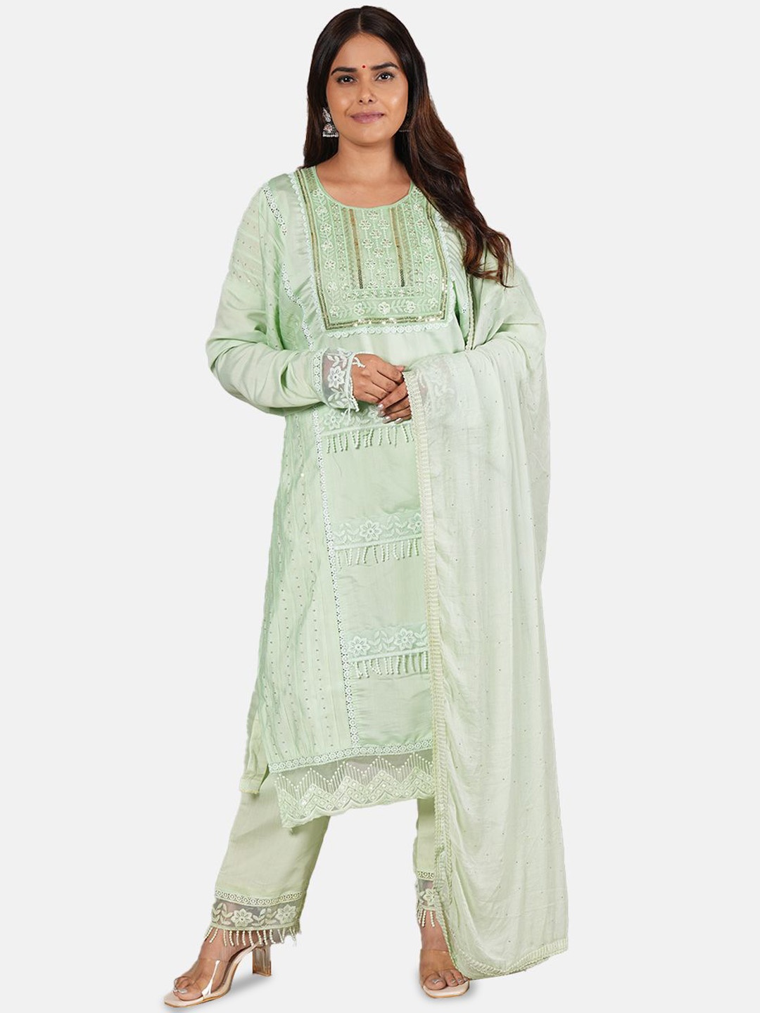 

MOZAFIA Floral Embroidered Sequinned Unstitched Dress Material, Green