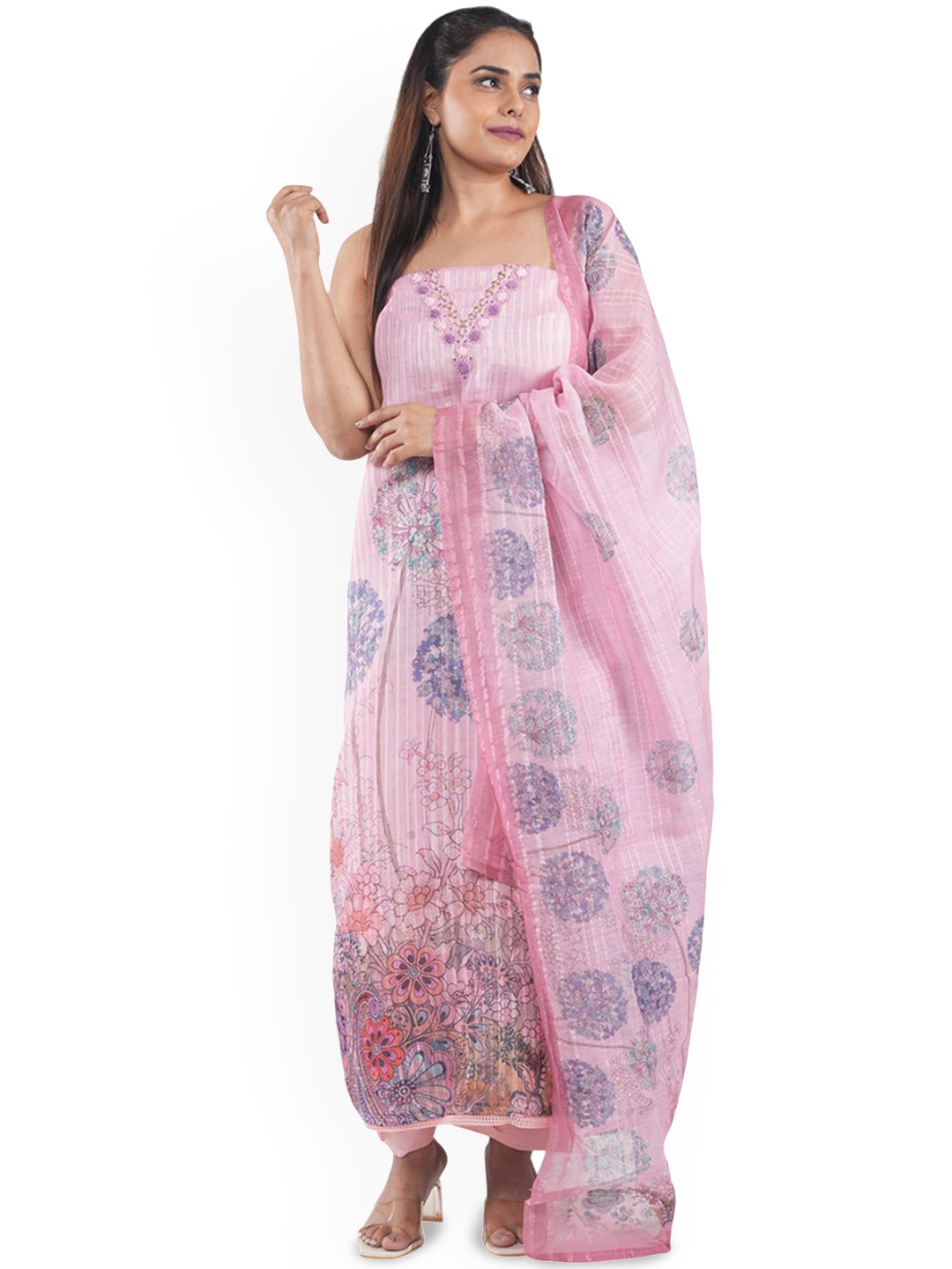 

MOZAFIA Floral Printed Thread Work Unstitched Dress Material, Pink