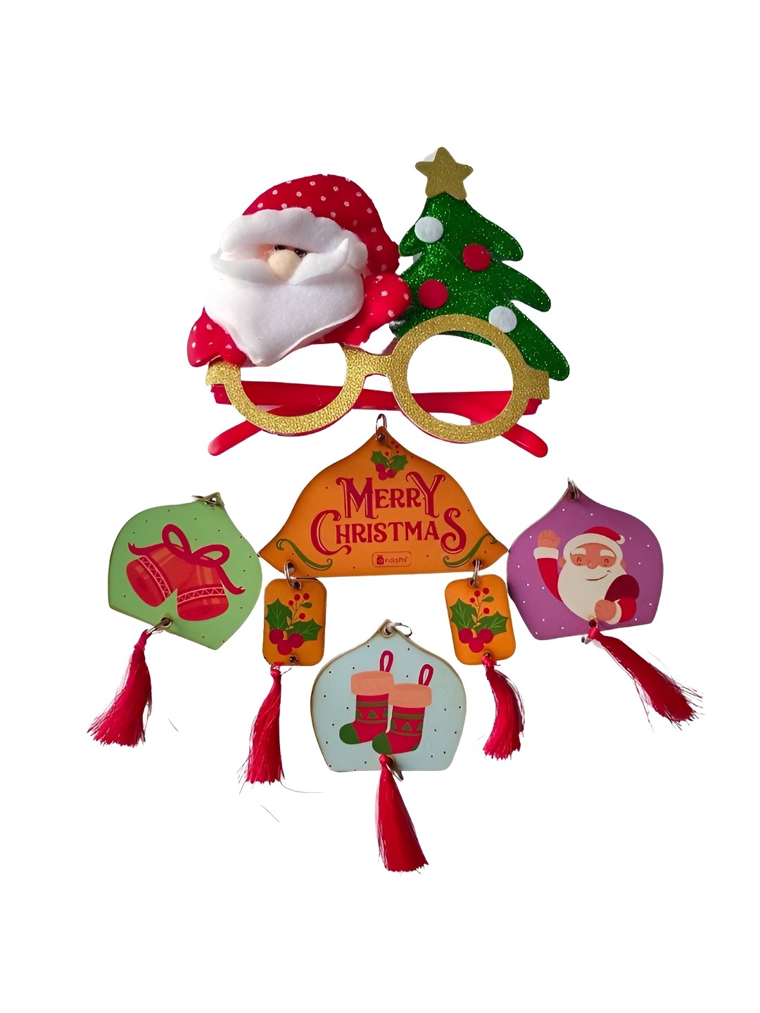 

Indigifts Christmas Red & White 7 Pieces Decoration Ornaments & Santa Goggles