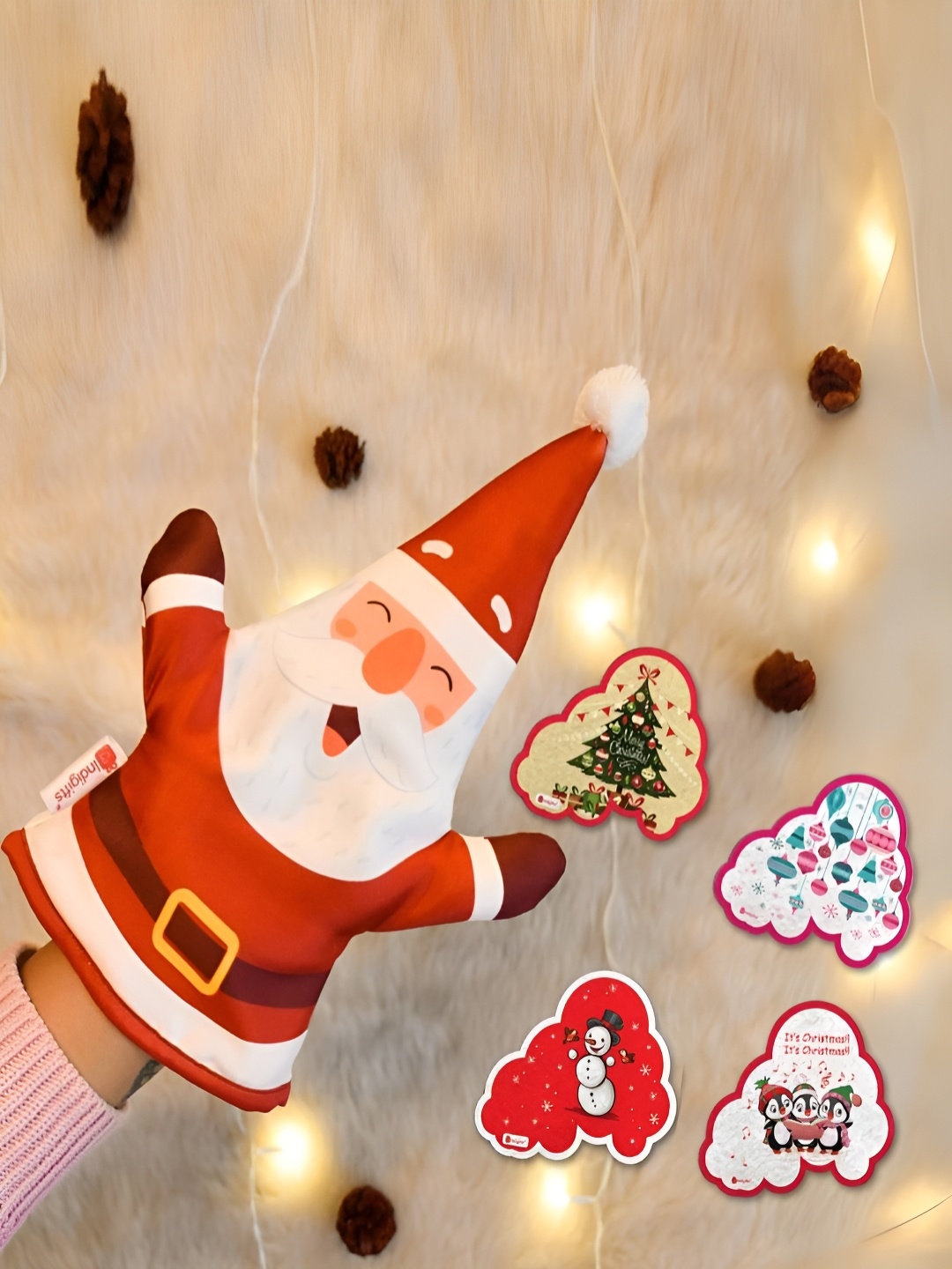

Indigifts Red & White 5 Pieces Fridge Magnets & Santa Hand Puppet Toy
