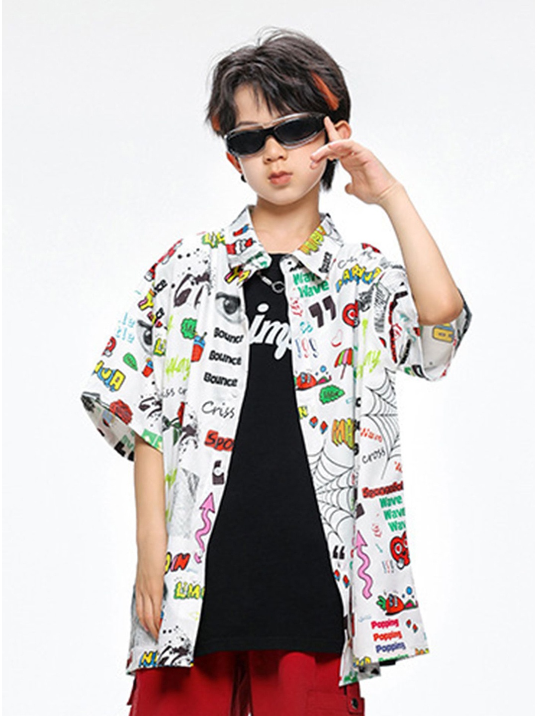 

LULU & SKY Boys Spread Collar Conversational Printed Oversized Casual Shirt, White