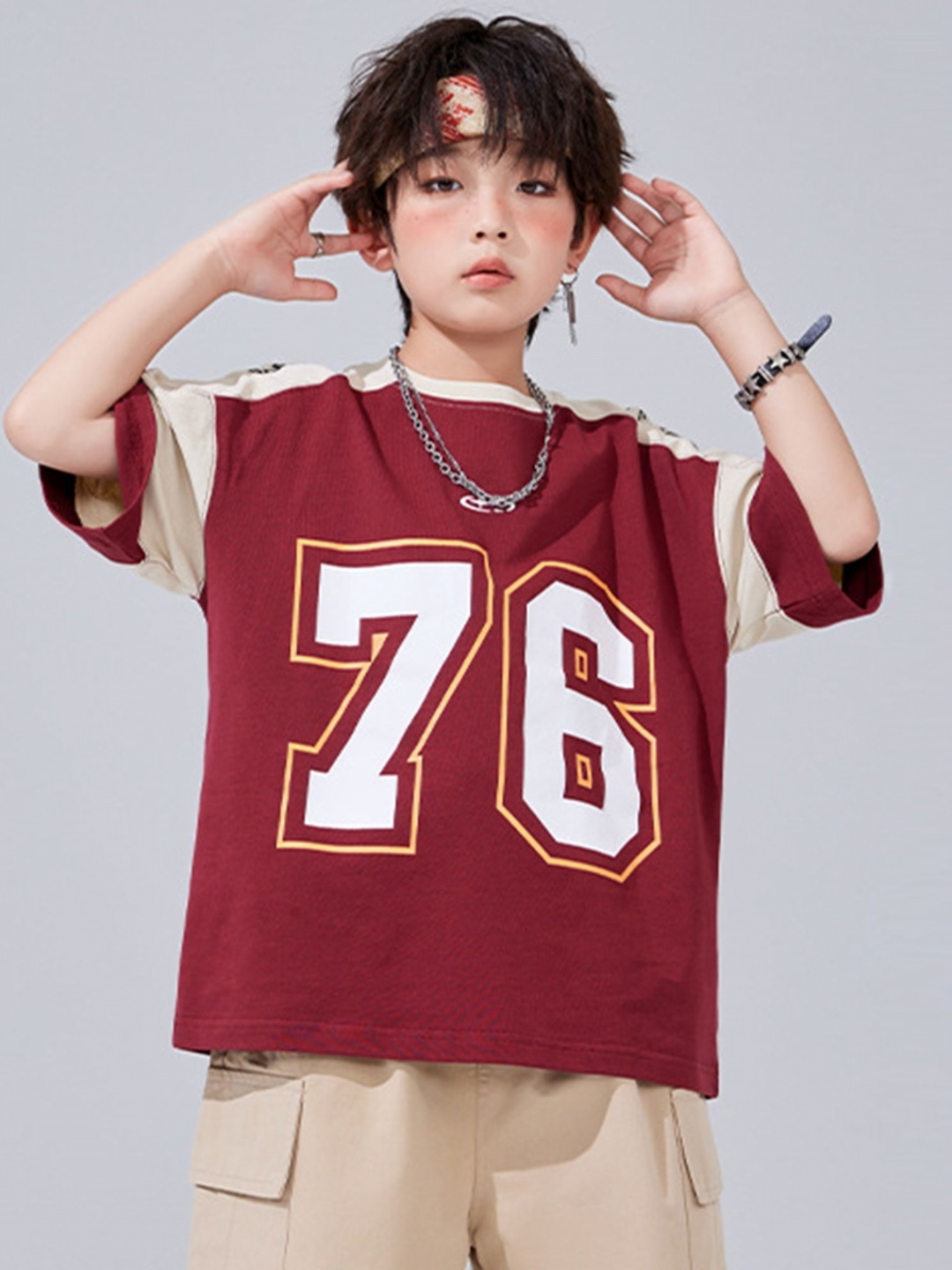 

LULU & SKY Unisex Kids Varsity Printed Round Neck Relaxed Fit T-shirt, Maroon