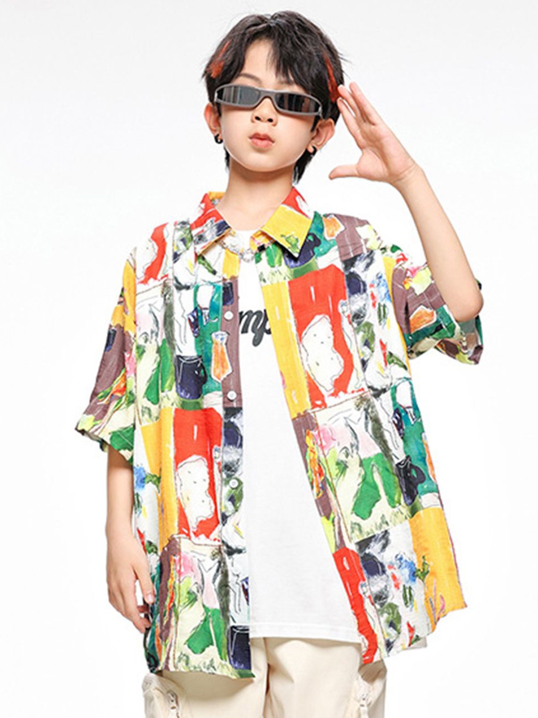 

LULU & SKY Boys Spread Collar Abstract Printed Oversized Casual Shirt, White