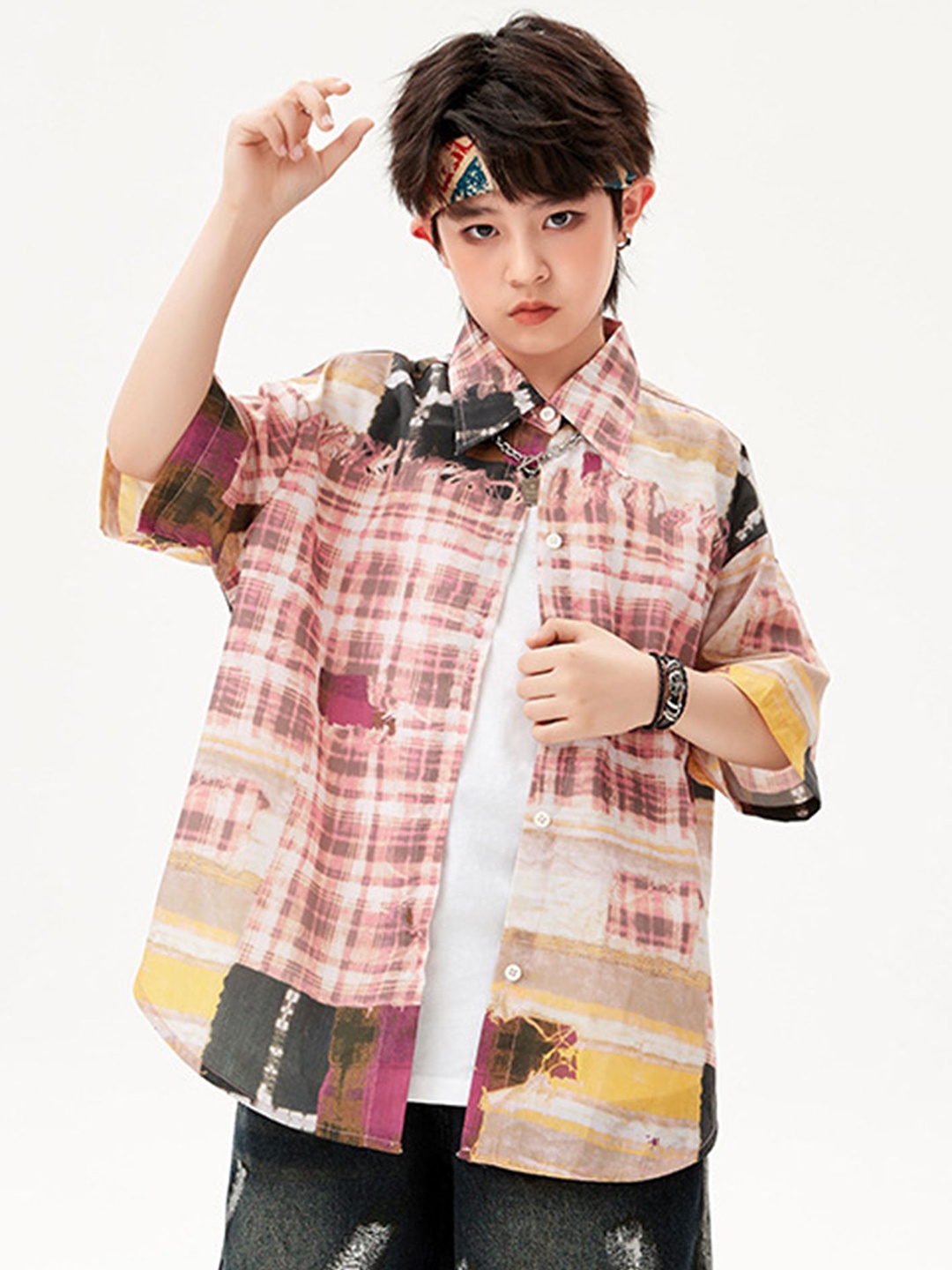 

LULU & SKY Unisex Kids Abstract Printed Organic Cotton Oversized Casual Shirt, Peach