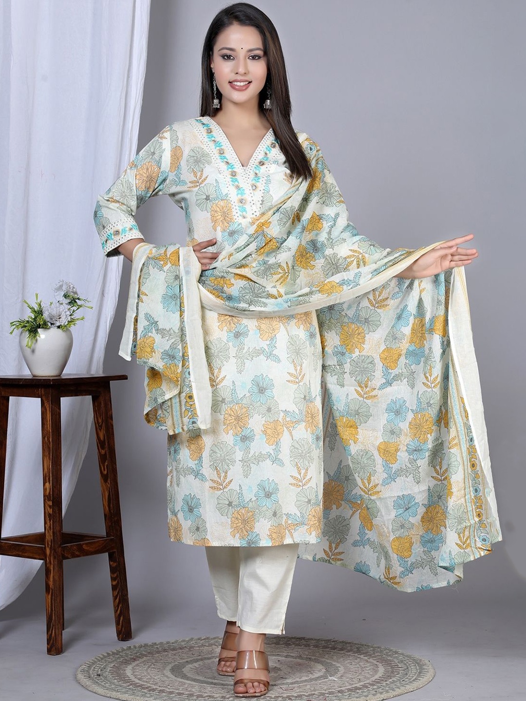 

YASH GALLERY Floral Printed Thread Work Pure Cotton Straight Kurta with Trousers & Dupatta, Mustard