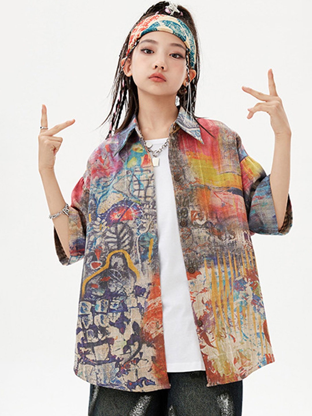 

LULU & SKY Unisex Kids Abstract Printed Cotton Oversized Casual Shirt, Blue