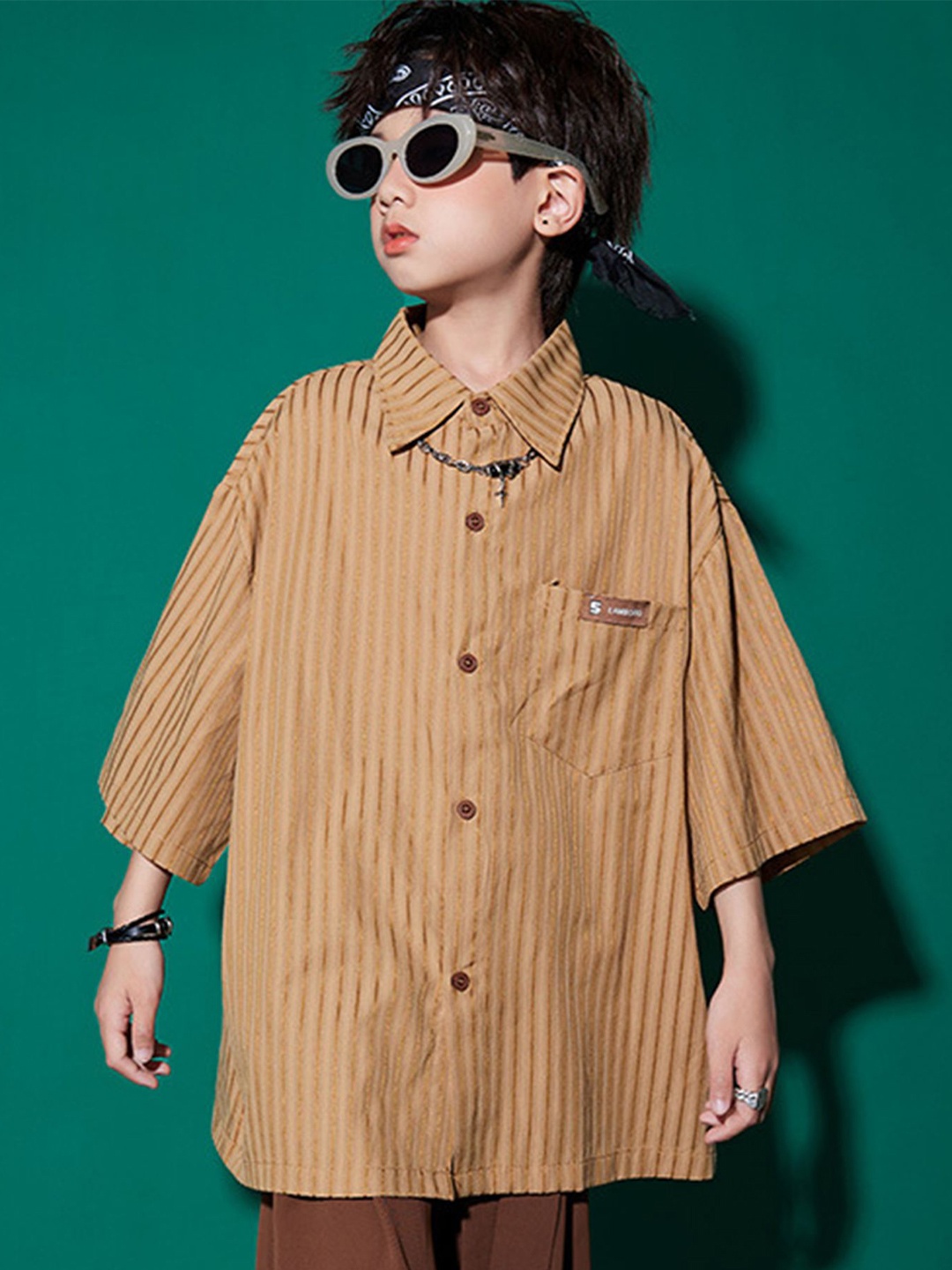 

LULU & SKY Boys Spread Collar Vertical Striped Oversized Casual Shirt, Coffee brown