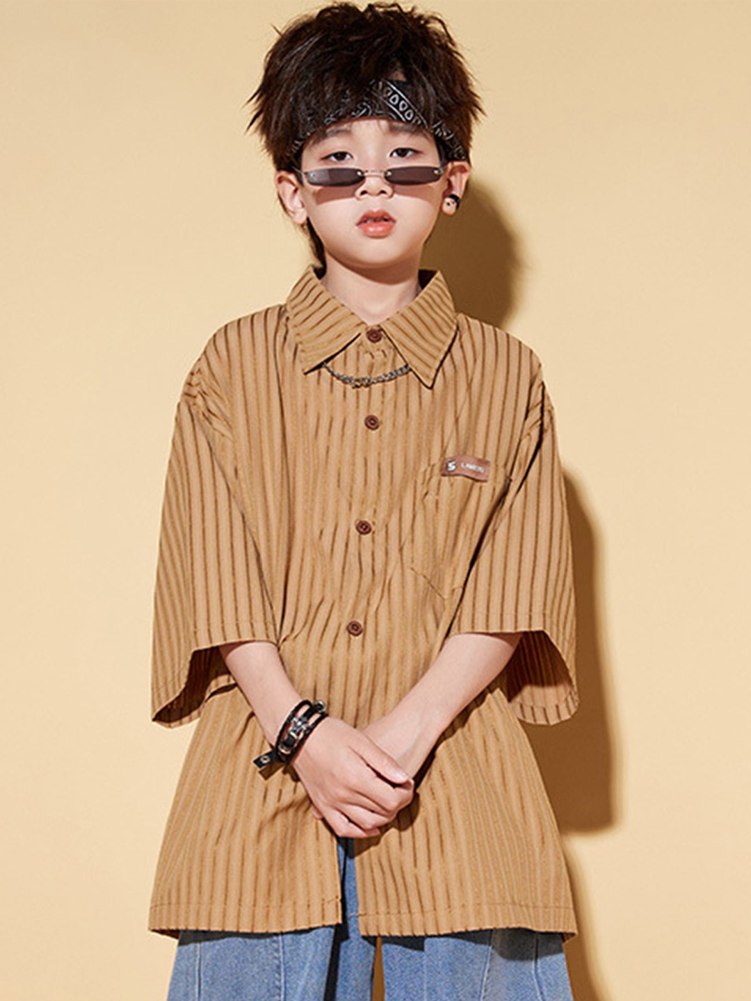 

LULU & SKY Boys Spread Collar Vertical Striped Oversized Casual Shirt, Khaki