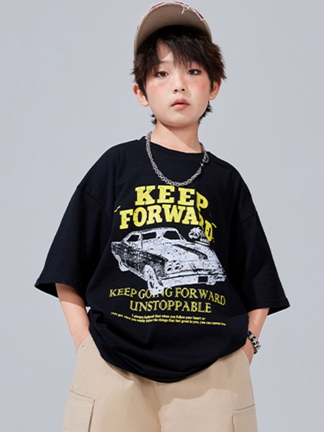 

LULU & SKY Boys Typography Printed Round Neck Oversized T-shirt, Black