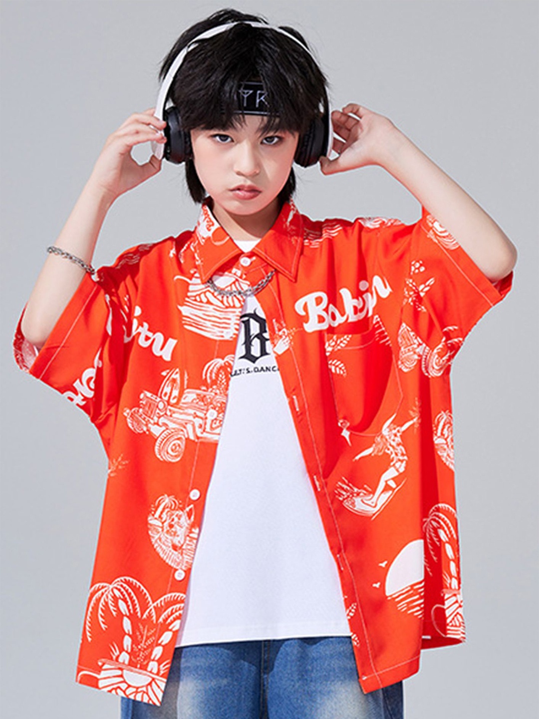 

LULU & SKY Unisex Kids Spread Collar Abstract Printed Oversized Casual Shirt, Orange