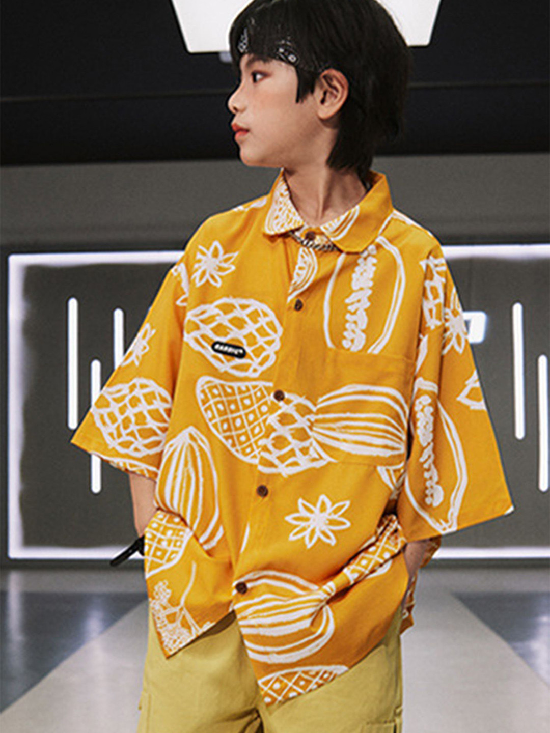 

LULU & SKY Boys Spread Collar Conversational Printed Oversized Casual Shirt, Yellow
