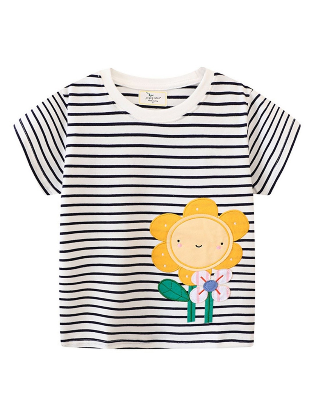 

LULU & SKY Girls Striped Applique Round Neck Cotton Casual T-shirt, White
