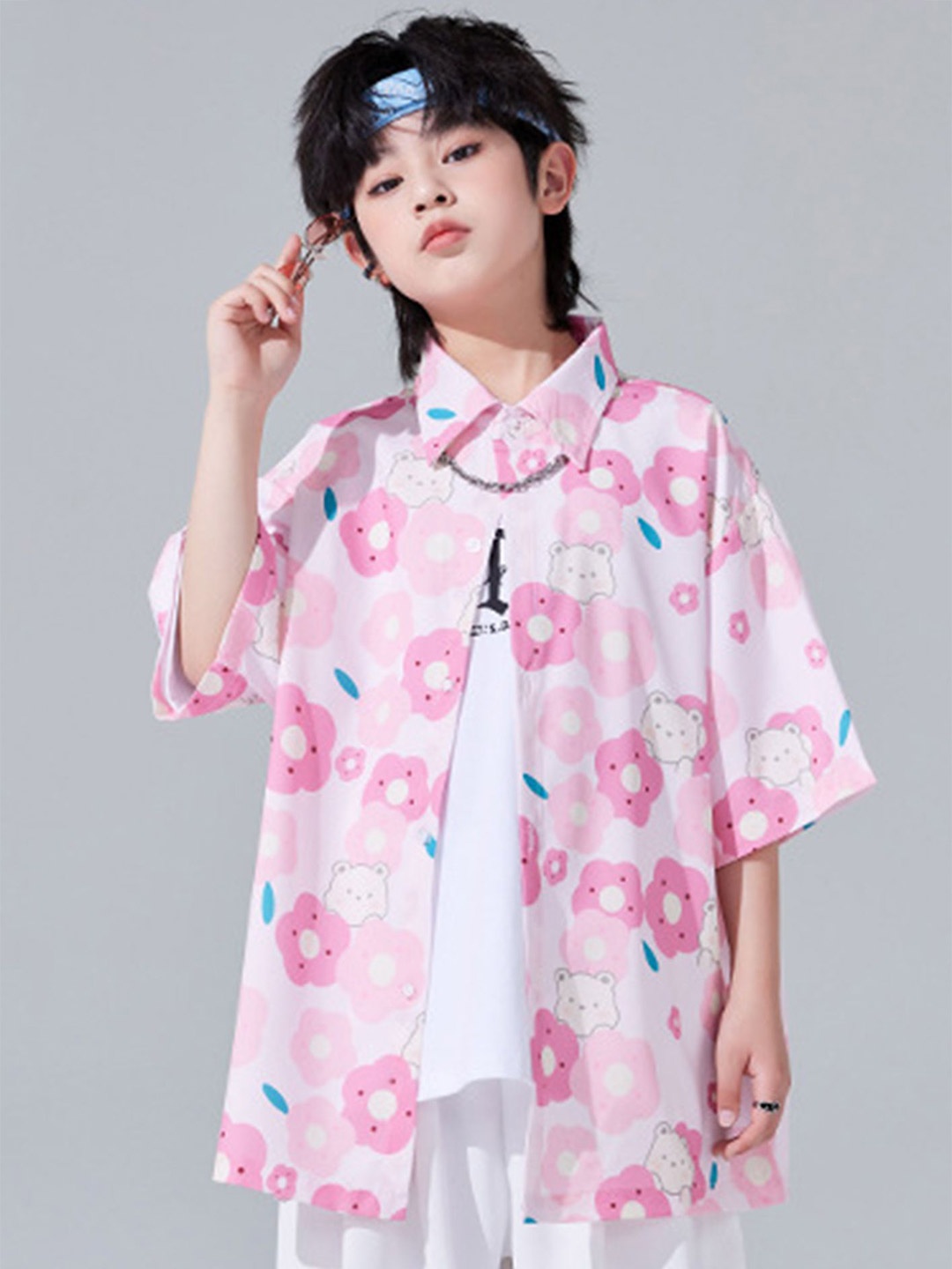 

LULU & SKY Unisex Kids Spread Collar Floral Printed Oversized Casual Shirt, Pink
