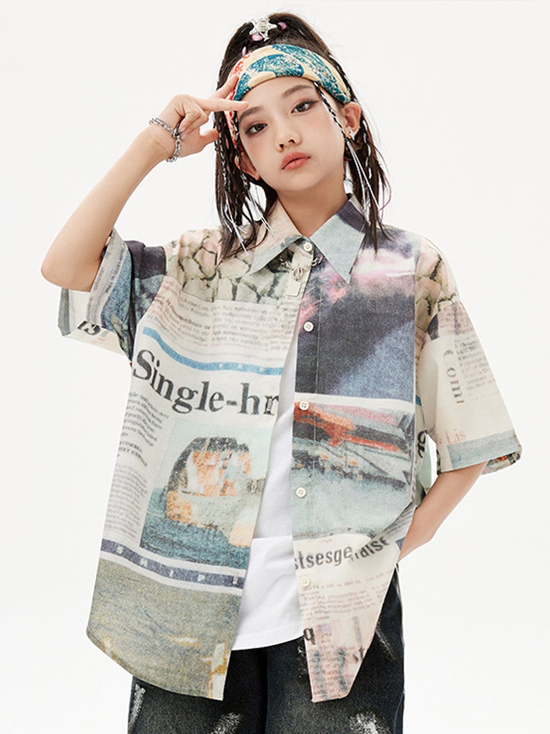 

LULU & SKY Unisex Kids Spread Collar Abstract Printed Organic Cotton Boxy Casual Shirt, White
