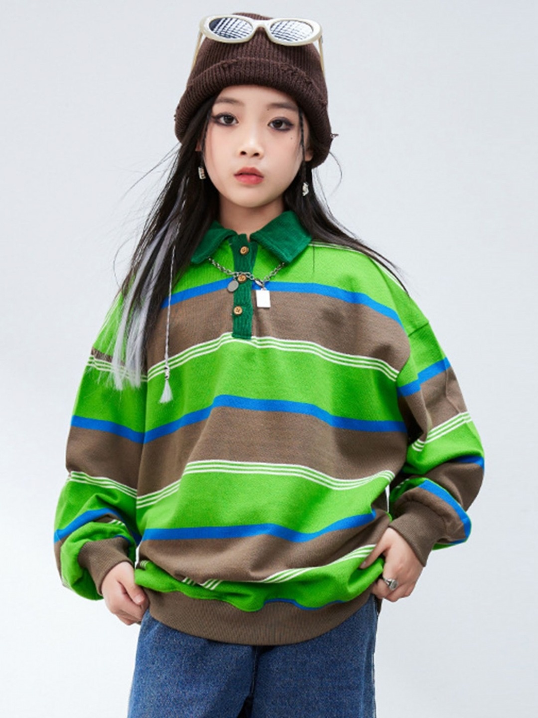 

LULU & SKY Girls Striped Long Sleeves Pure Cotton Casual Sweatshirt, Green