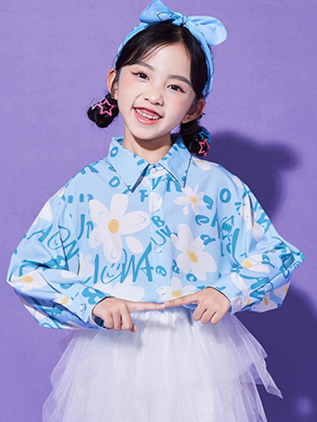 

LULU & SKY Girls Spread Collar Floral Printed Relaxed Fit Party Shirt, Blue
