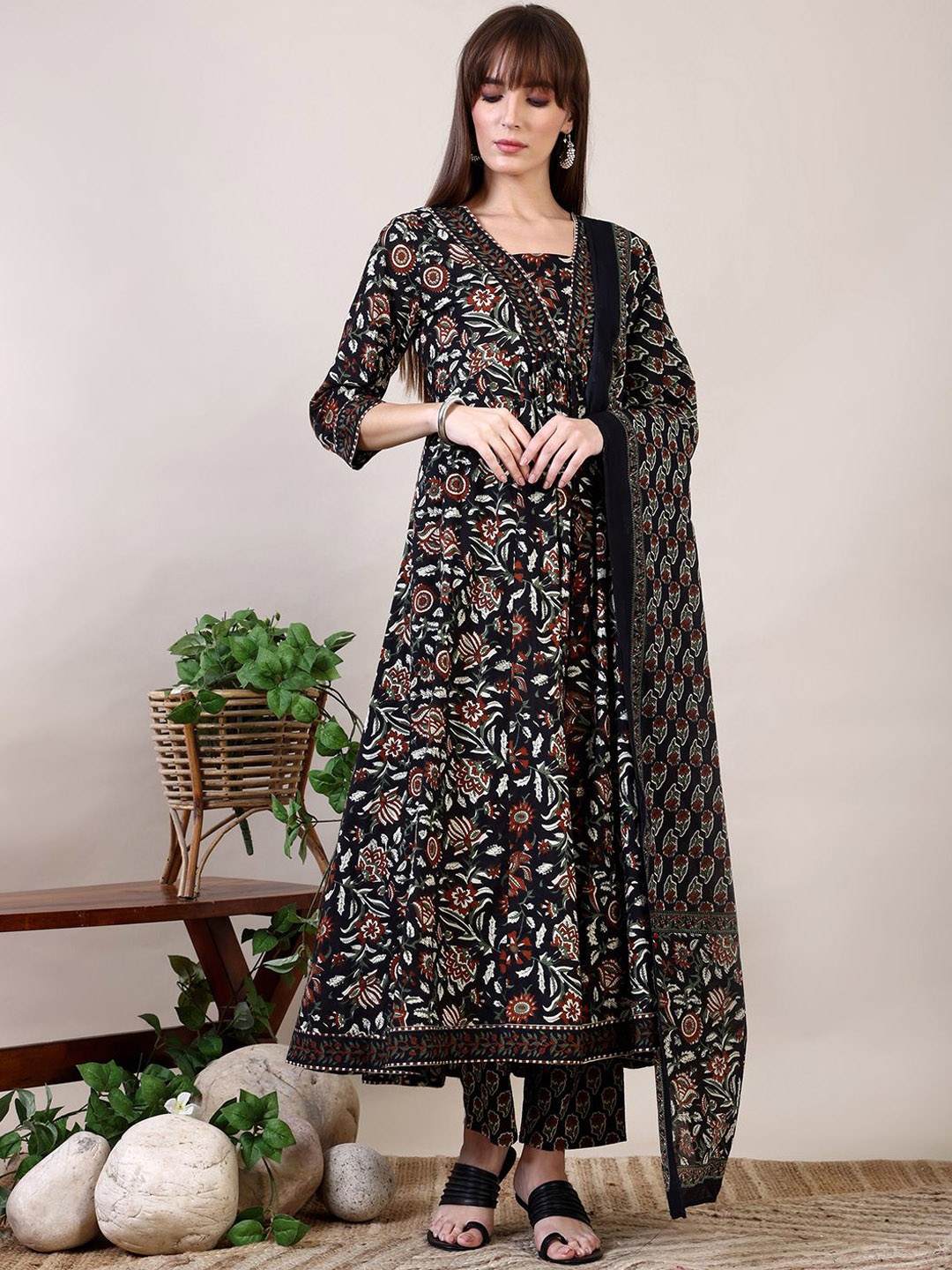 

KALINI Floral Printed Empire Mirror Work Kurta with Trouser & Dupatta, Black