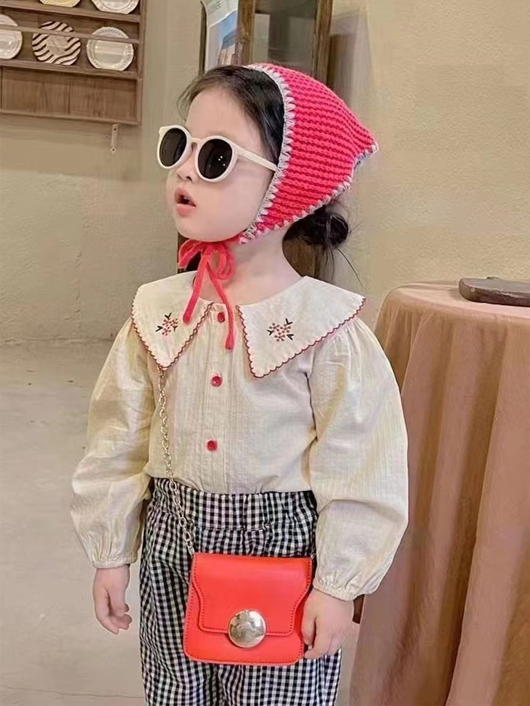 

LULU & SKY Girls Peter Pan Collar Textured Organic Cotton Relaxed Fit Casual Shirt, Beige