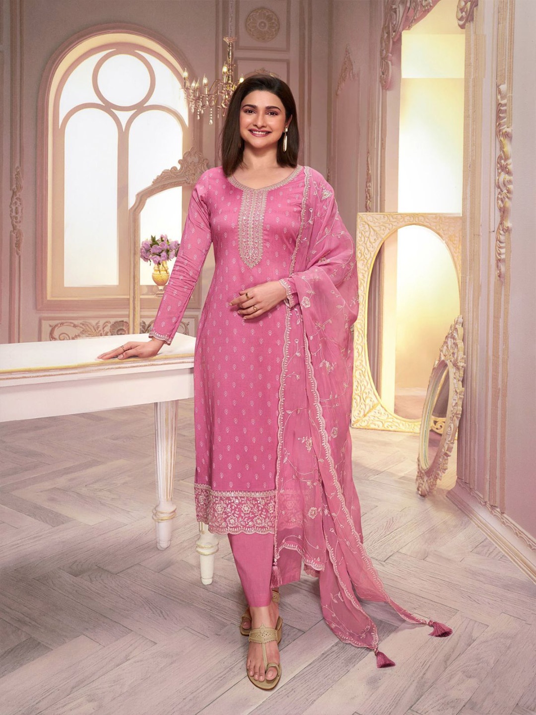 

ODETTE Floral Printed Sequinned Silk Georgette Kurta with Palazzo & Dupatta, Pink