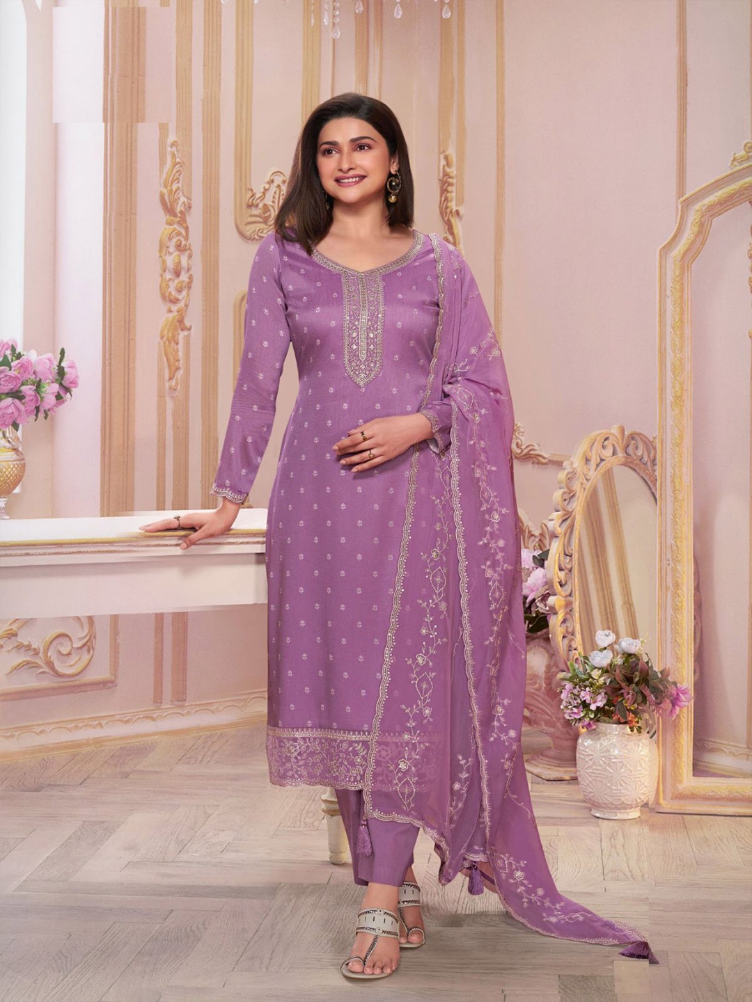 

ODETTE Round Neck Floral Printed Sequinned Silk Georgette Kurta with Palazzo & Dupatta, Purple
