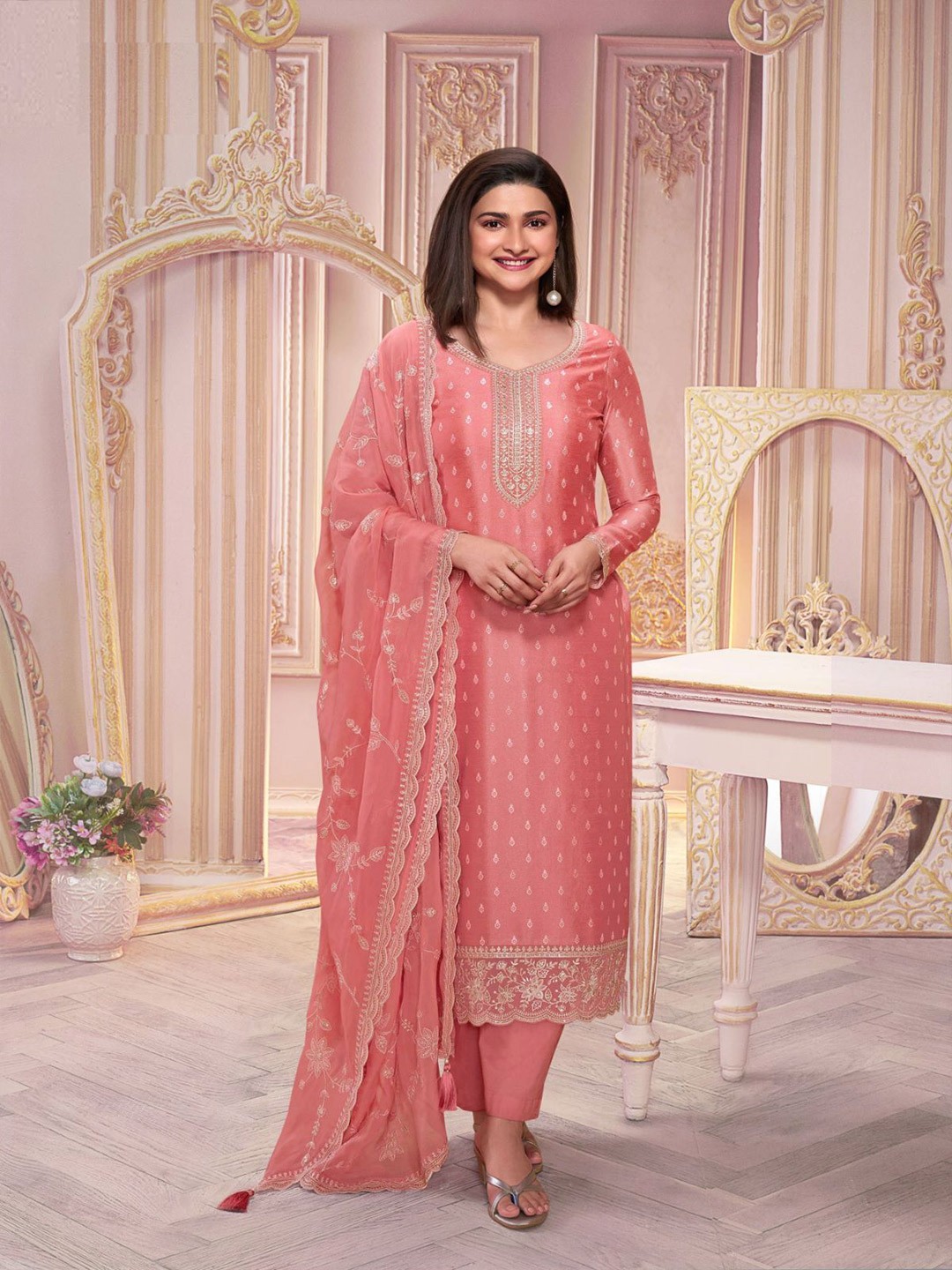 ODETTE Round Neck Floral Printed Sequinned Silk Georgette Kurta with Trouser & Dupatta, Peach