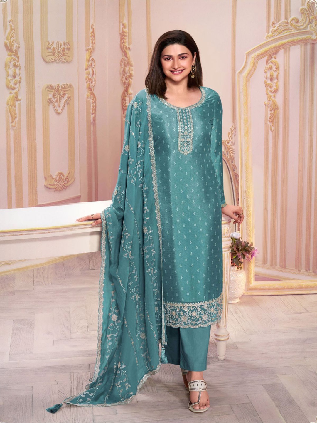 ODETTE Round Neck Floral Printed Sequinned Silk Georgette Kurta with Palazzo & Dupatta, Teal