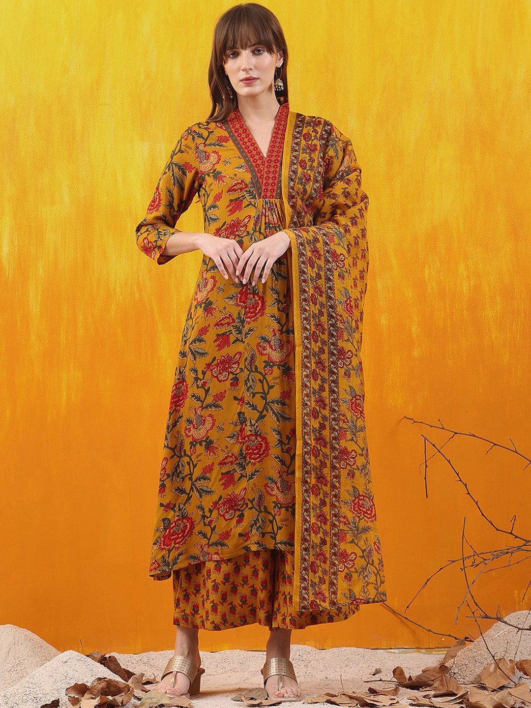 KALINI Floral Printed Kurta with Palazzos & Dupatta, Yellow
