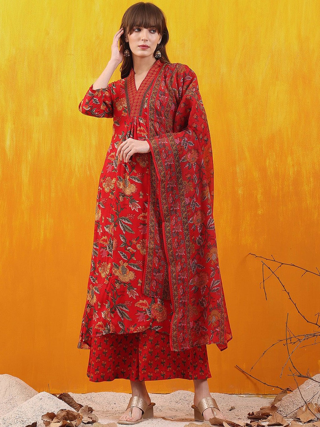 

KALINI Floral Printed Pleated Kurta with Palazzos & Dupatta, Red