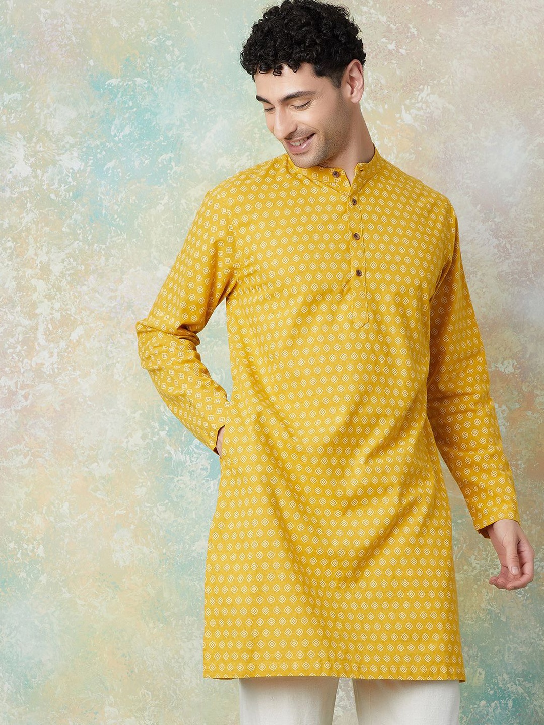 

Melange by Lifestyle Band Collar Geometric Printed Straight Cotton Kurta, Yellow