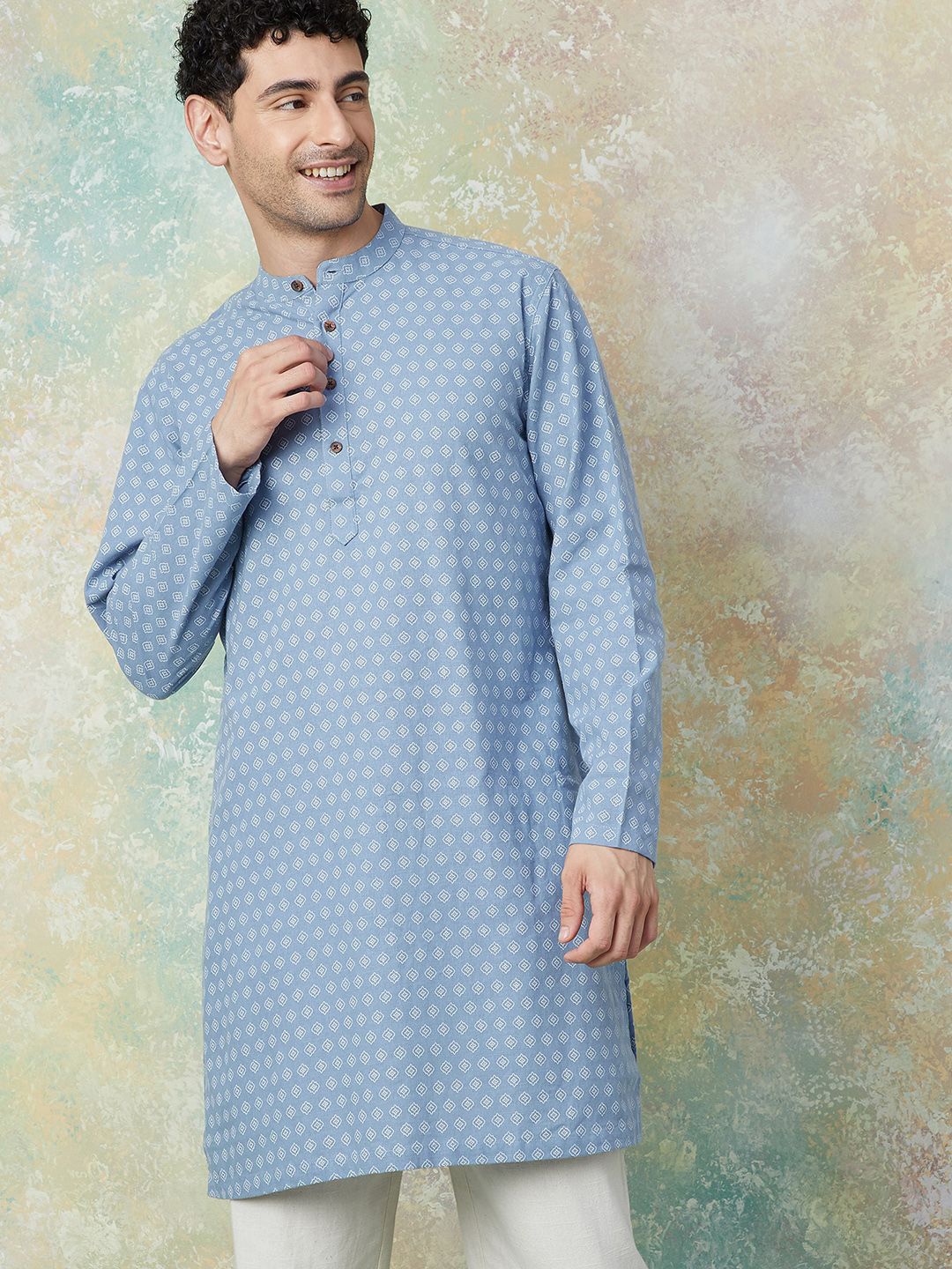 

Melange by Lifestyle Geometric Printed Band Collar Straight Cotton Kurta, Blue