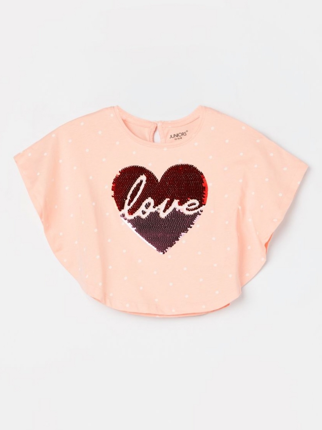 

Juniors by Lifestyle Girls Polka Dots Printed Sequined Bell Sleeves Pure Cotton Top, Peach