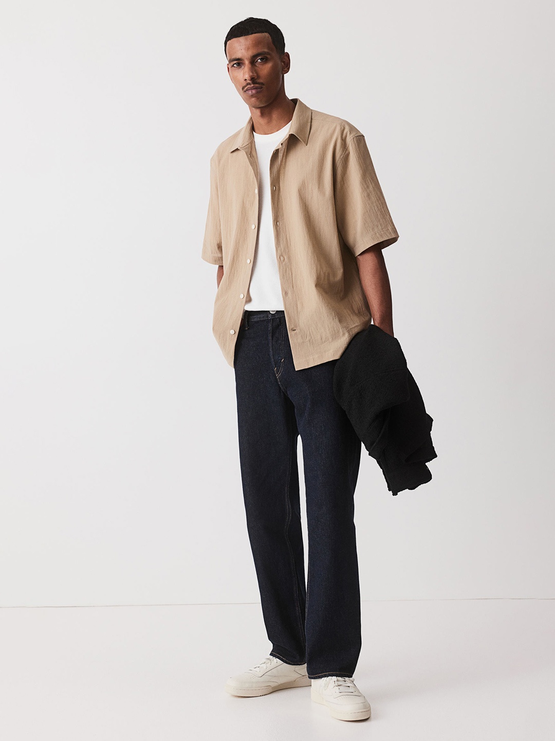 

H&M Regular Fit Crinkled Short-Sleeved Shirt, Beige