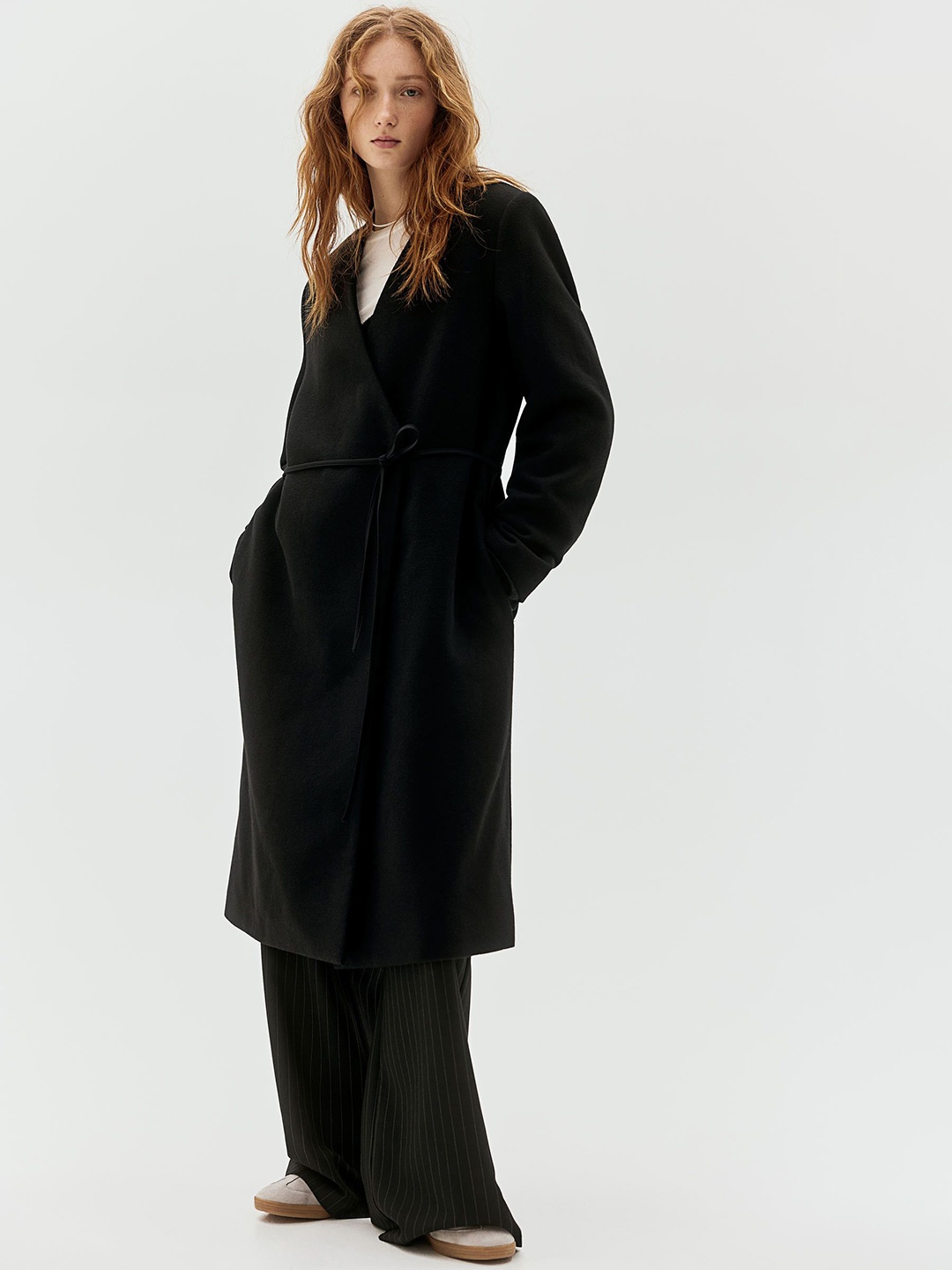 

H&M Tie-Detail Felted Coat, Black