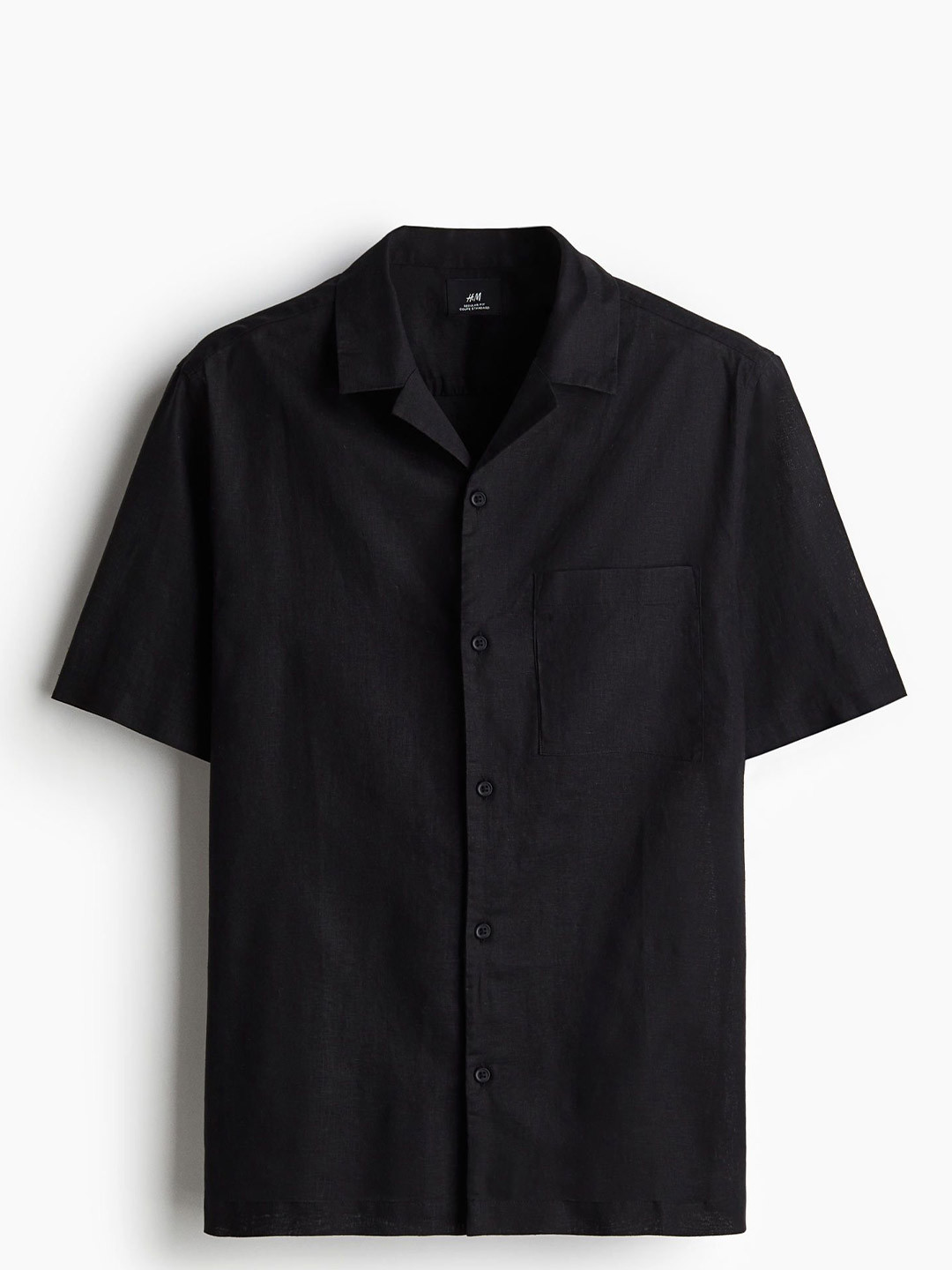 

H&M Regular Fit Short-Sleeved Linen-Blend Shirt, Black