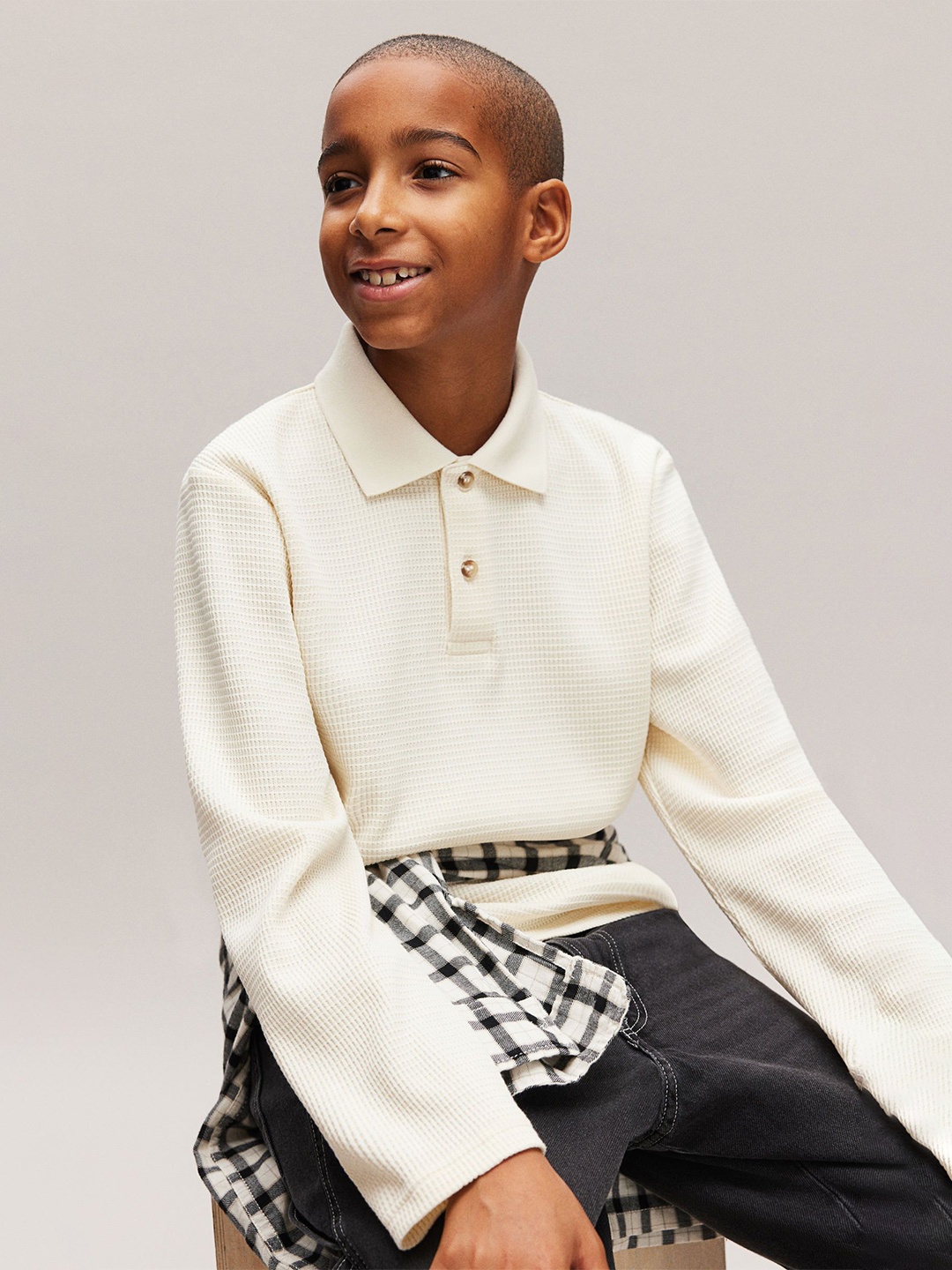 

H&M Waffled Jersey Polo Shirt, Cream
