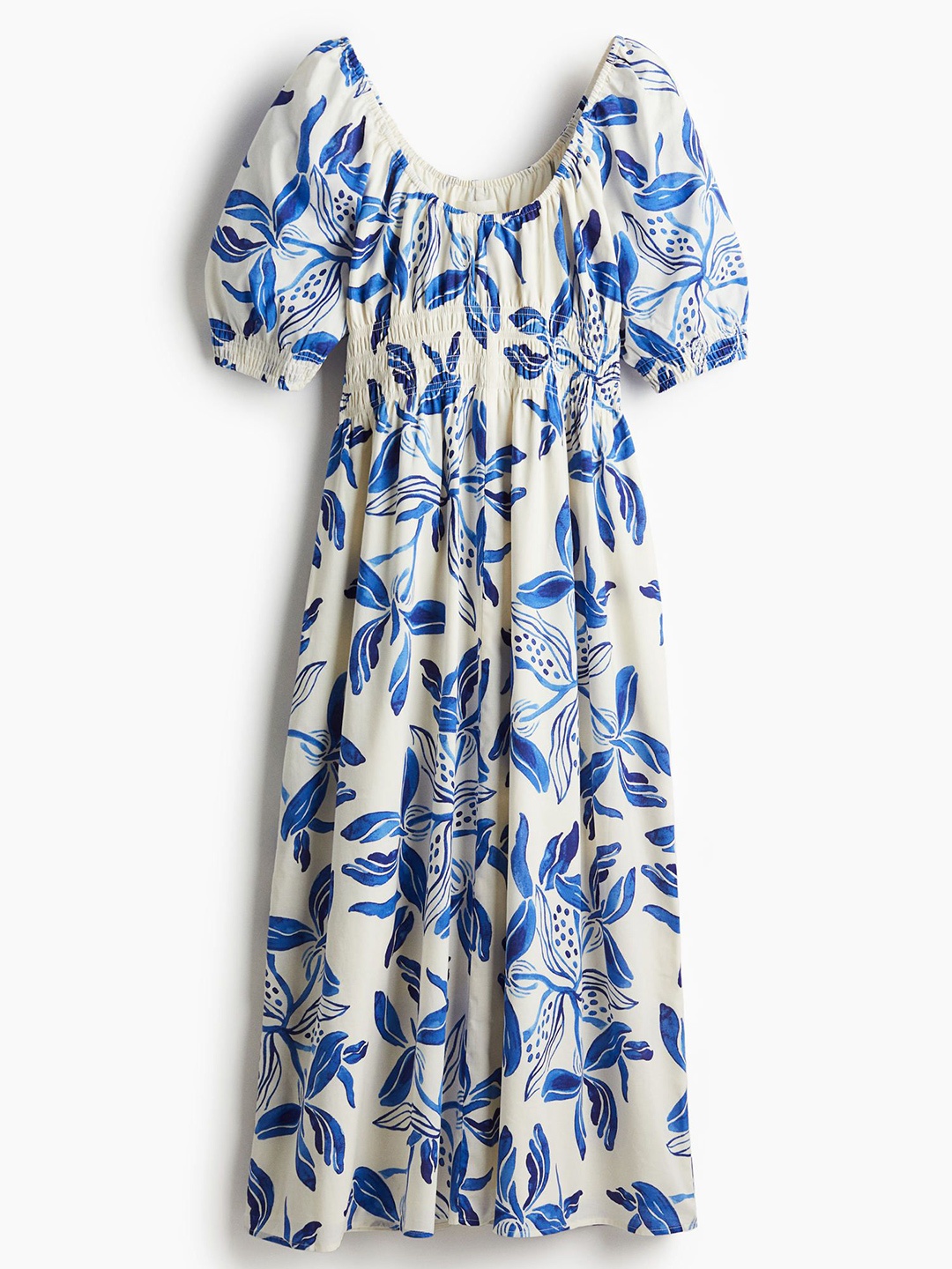 H&M Smocked-Waist Cotton Dress, White