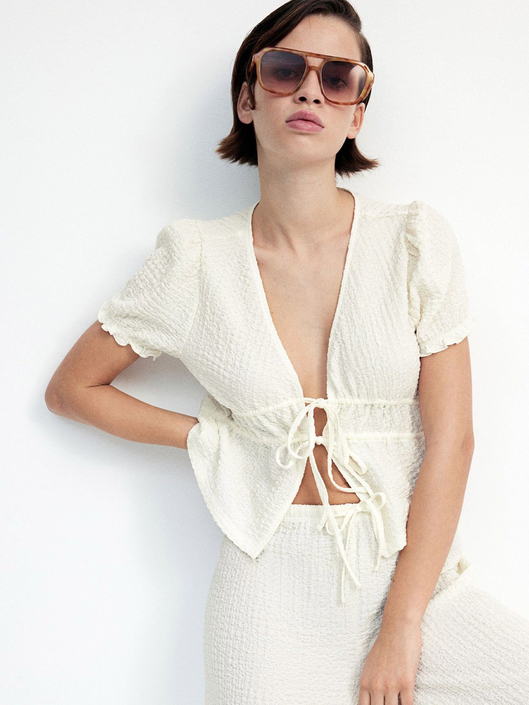 

H&M Tie-Detail Crinkled Top, White