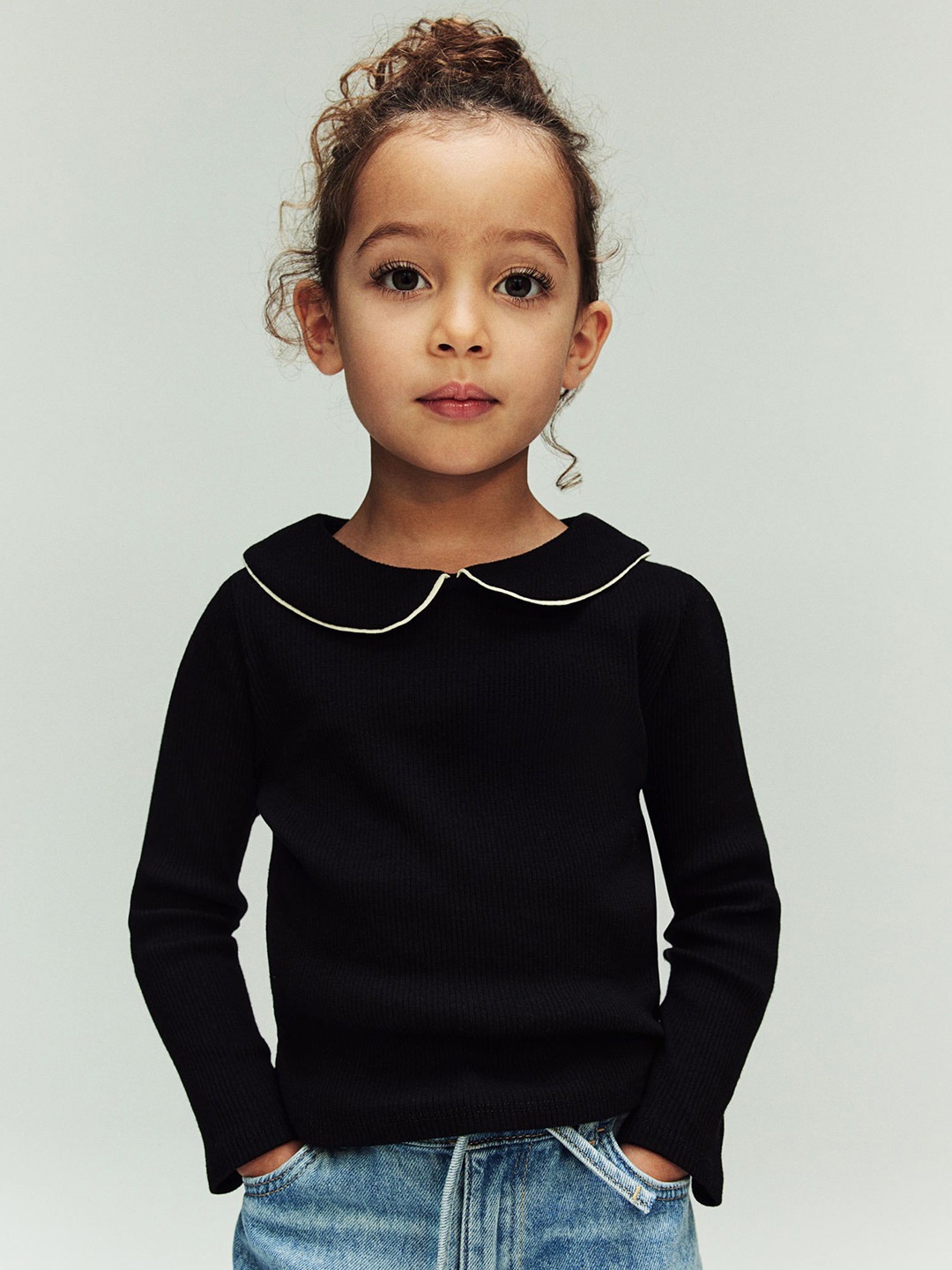 H&M Collared Jersey Top, Black