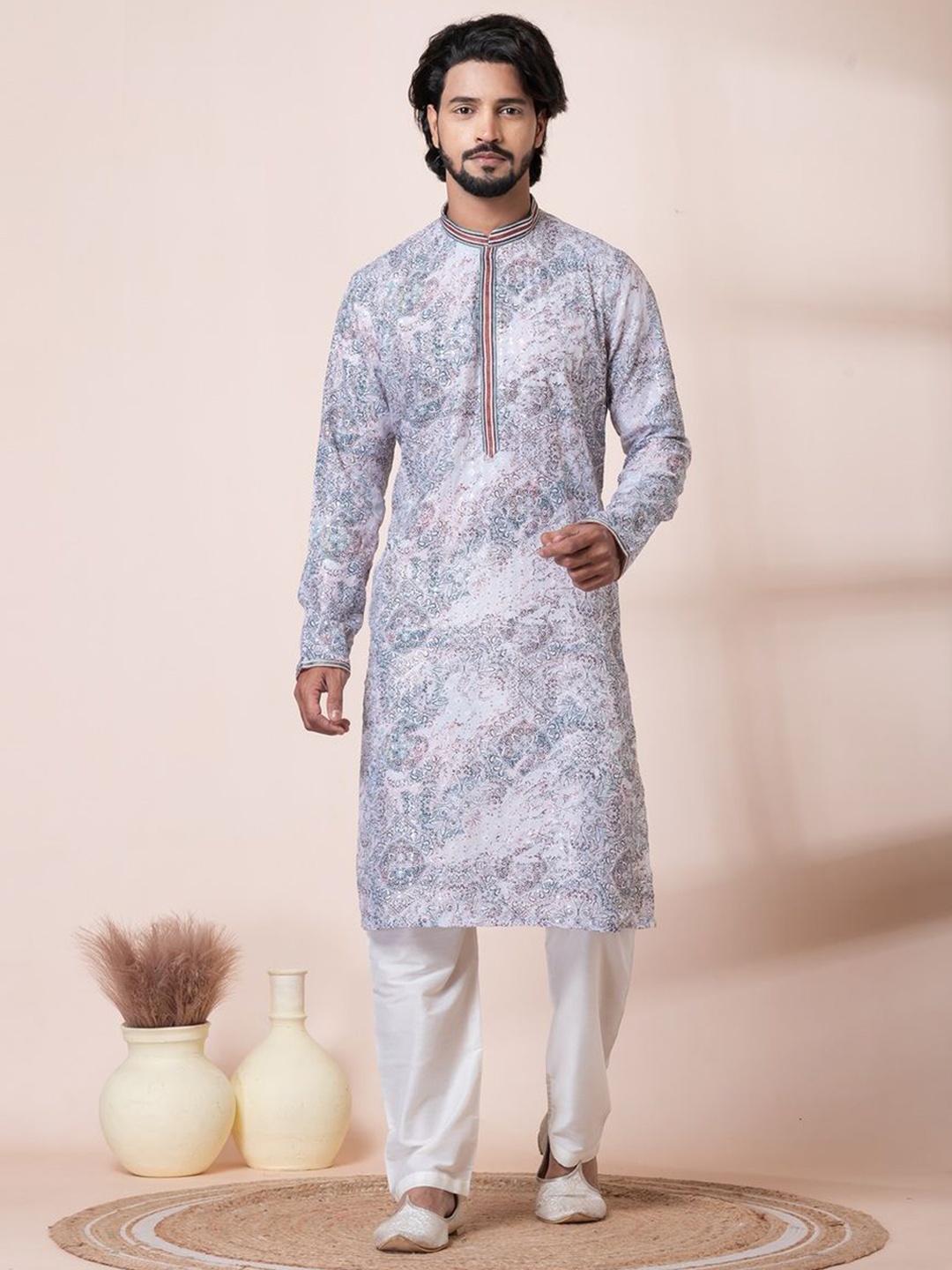 

HU - Handcrafted Uniquely Abstract Printed Thread Work Pure Cotton Kurta & Pyjamas, Lavender