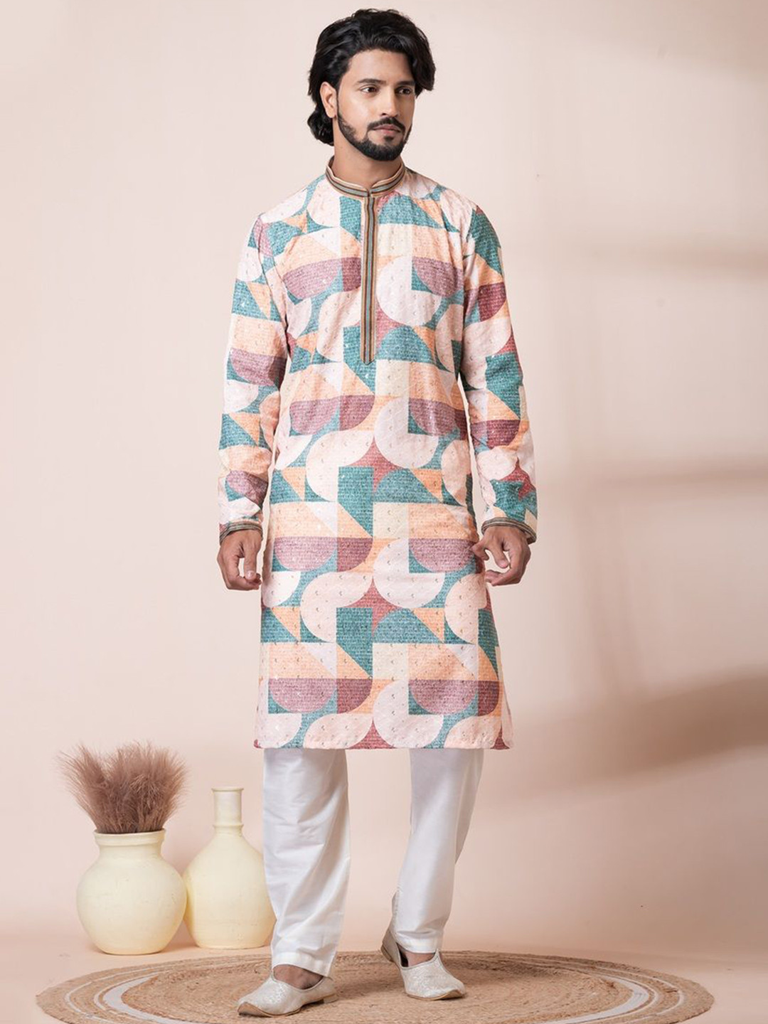 

HU - Handcrafted Uniquely Geometric Printed Sequinned Pure Cotton Straight Kurta & Pyjamas, Peach