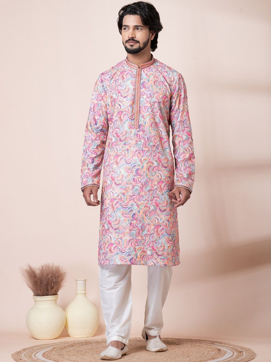 

HU - Handcrafted Uniquely Abstract Printed Thread Work Pure Cotton Kurta & Pyjamas, Pink