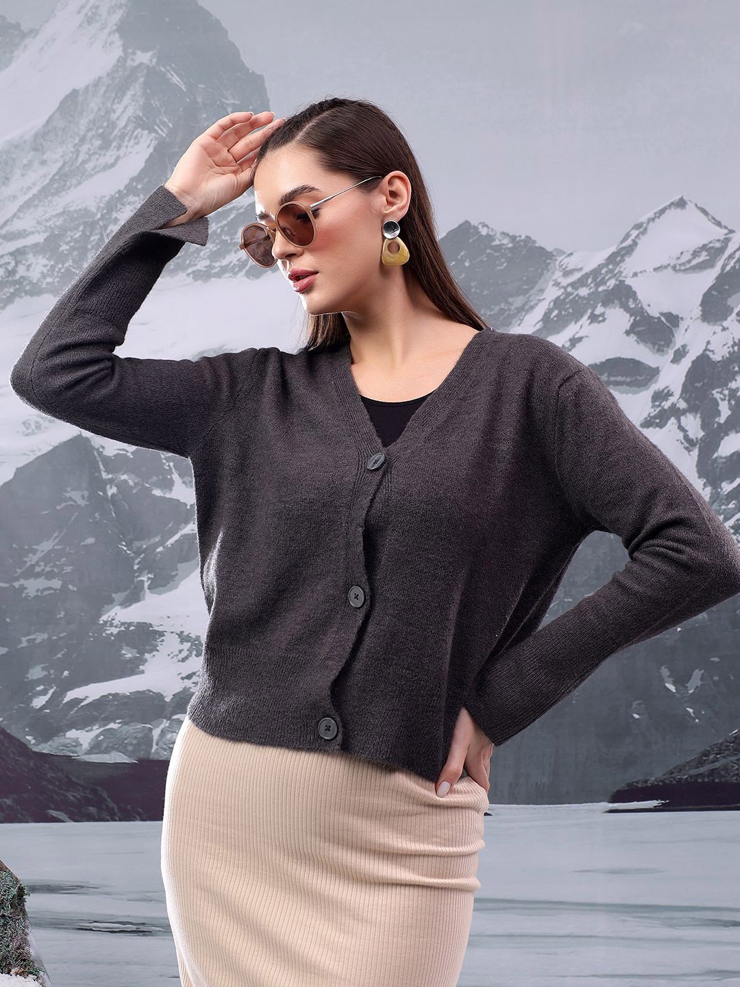 

Kotty Women V-Neck Cardigan, Grey