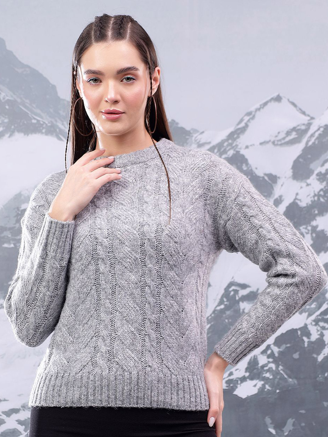 

Kotty Women Cable Knit Crop Pullover, Grey