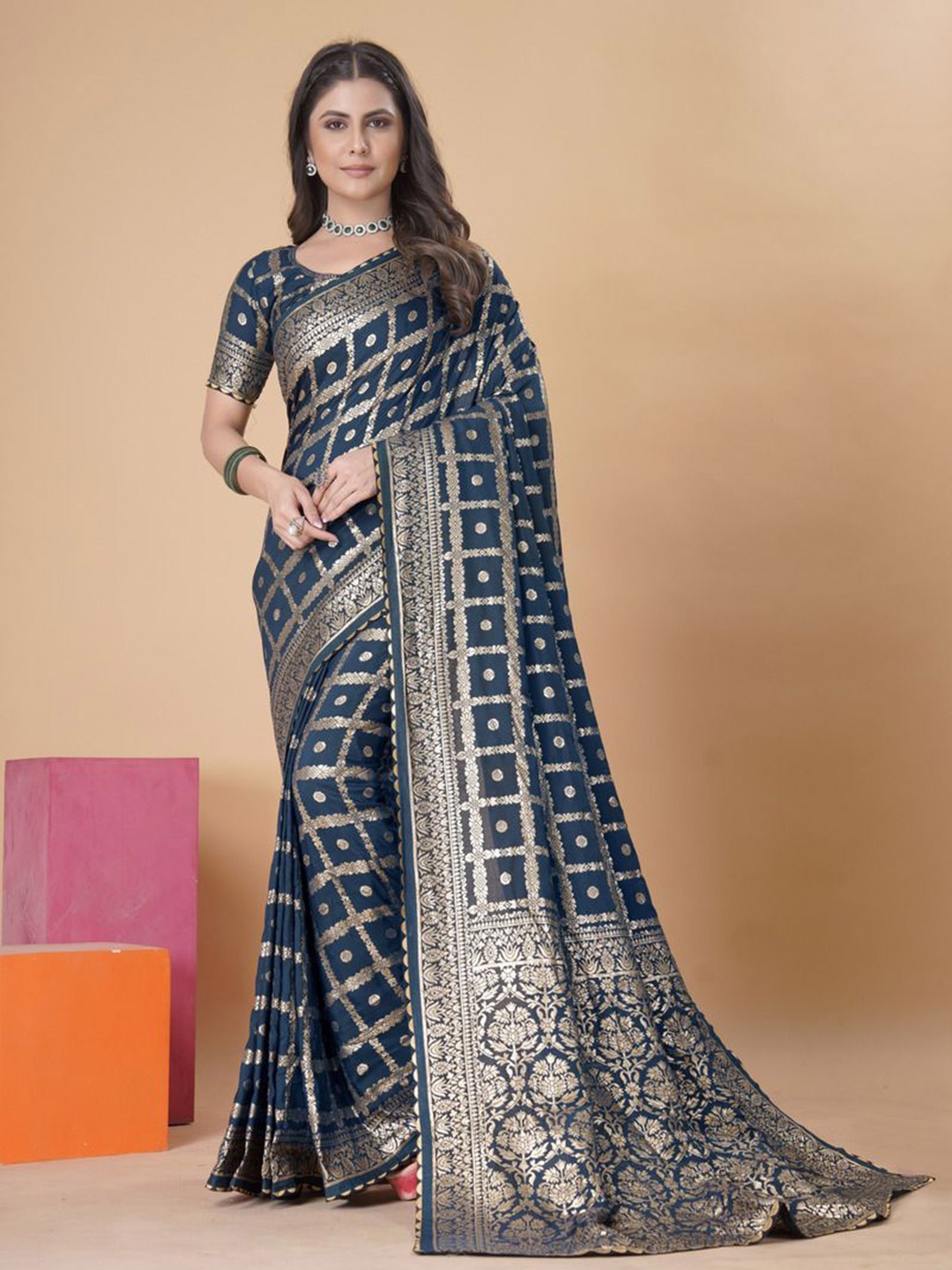 

Mangalam Fashion Diva Woven Design Zari Banarasi Saree With Blouse Piece, Blue