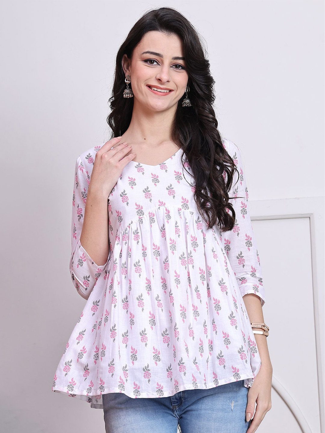 

Rajnandini Women Floral Print Ethnic Cotton Peplum Top, White