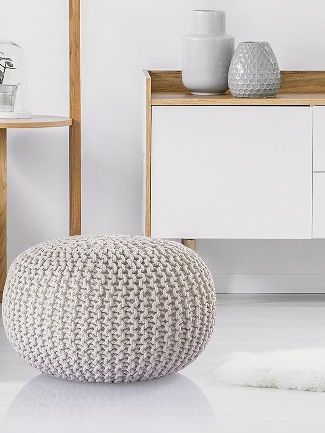 SANYOG DESIGNS Self-Design Cotton Oval Pouf Ottoman, White