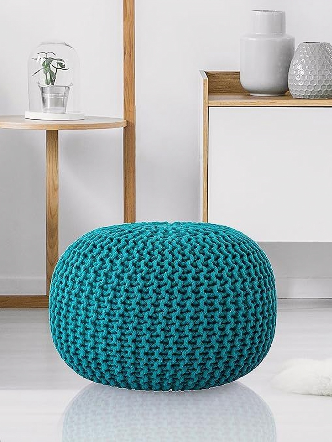 

SANYOG DESIGNS Teal Oval-Shaped Cotton Braided Ottoman