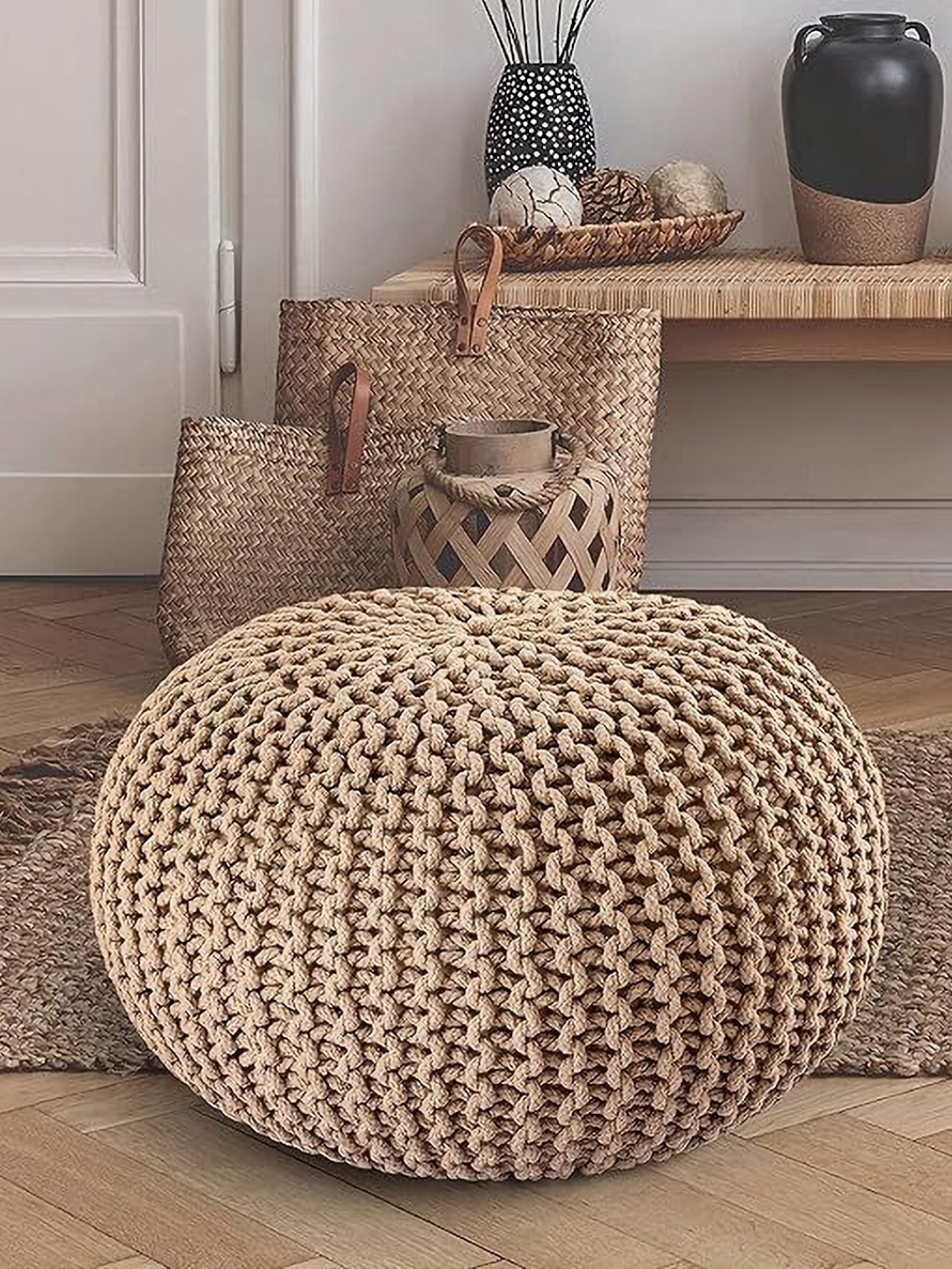

SANYOG DESIGNS Beige Oval-Shaped Cotton Braided Ottoman